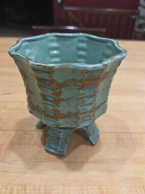 Vintage Japan Footed Ceramic Planter Celadon Green Gold Hand Decorated Scalloped